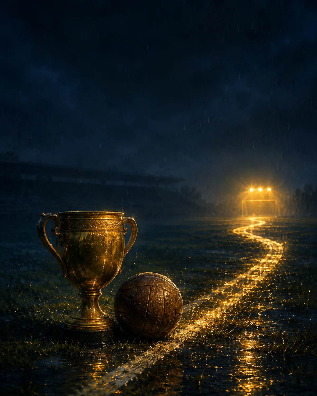 Goldener Pokal und Lederball auf nassem Rasen, eine goldene Lichtspur führt zum beleuchteten Tor