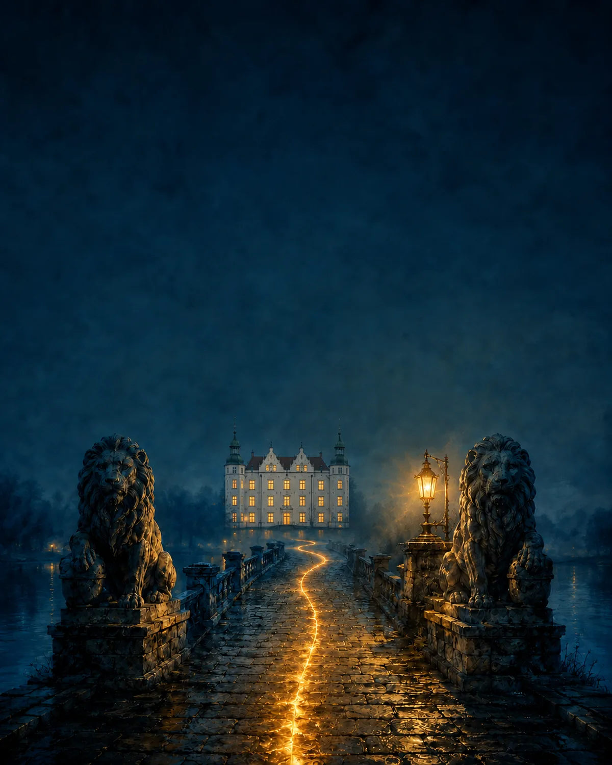 Zwei Steinlöwen bewachen die Schlossbrücke in der Dämmerung, eine goldene Lichtspur führt über das Pflaster zum beleuchteten Schloss Ahrensburg